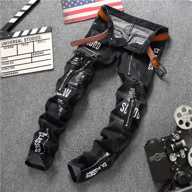 Sosoo Celana Jeans Import Gothic Gotik Hitam Ritsleting untuk Pria