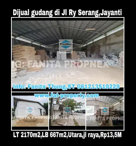 Dijual gudang di Jl Raya Serang,Jayanti,Banten LT 2170m2 LB 667m2,