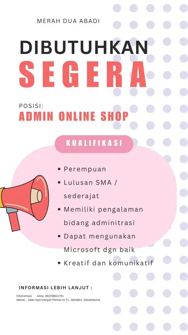 Di butuhkan cepat admin online shop