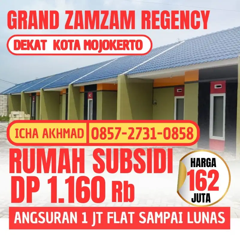 Rumah subsidi Mojokerto, Dp 1.160 Rb, Angsuran 1 Jt Flat sampai lunas