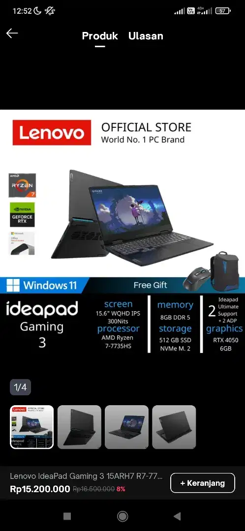 Lenovo IdeaPad Gaming 3  512GB SSD RTX 4050