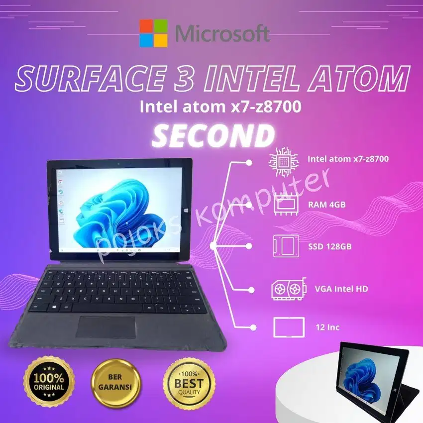 MICROSOFT SURFACE 3 INTEL ATOM CORE i5 gen5 4GB SSD 128GB SECOND