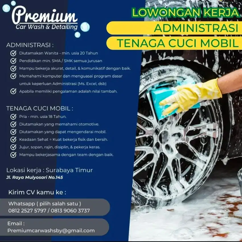 DIBUTUHKAN LOWONGAN PEKERJAAN UNTUK BAGIAN CUCI MOBIL