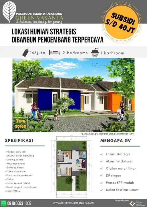 Rumah subsidi dikawasan 20 hektar tangerang cicilan flat hingga lunas