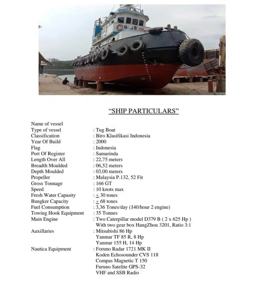 Di Jual Tugboat / kapal tunda mesin Caterpilar 2x625 Hp Tahun 2000