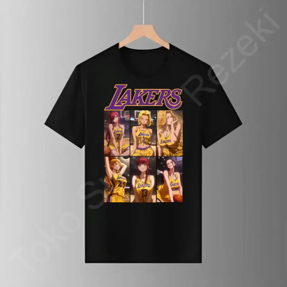 Baju Kaos Oblong LA Lakers Japan Waifu Pendek Hitam Black TShirt Viral