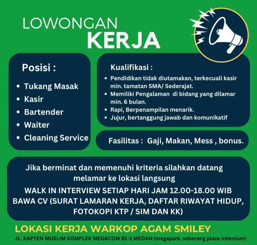 Lowongan tukang masak/koki, bartender dan waiter/waitress