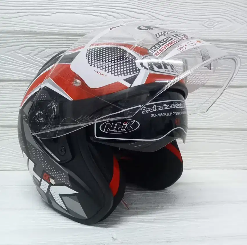 HELM NHK R1 SUBJECT BLACK RED SILVER DOFF DOUBLE VISOR HALF FACE