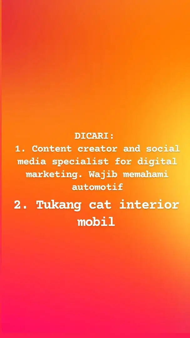 Dicari content creator dan tukang cat untuk di bengkel