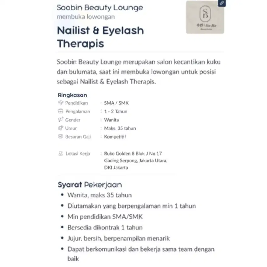 DIBUTUHKAN CEPAT NAILIST & EYELASH THERAPIS