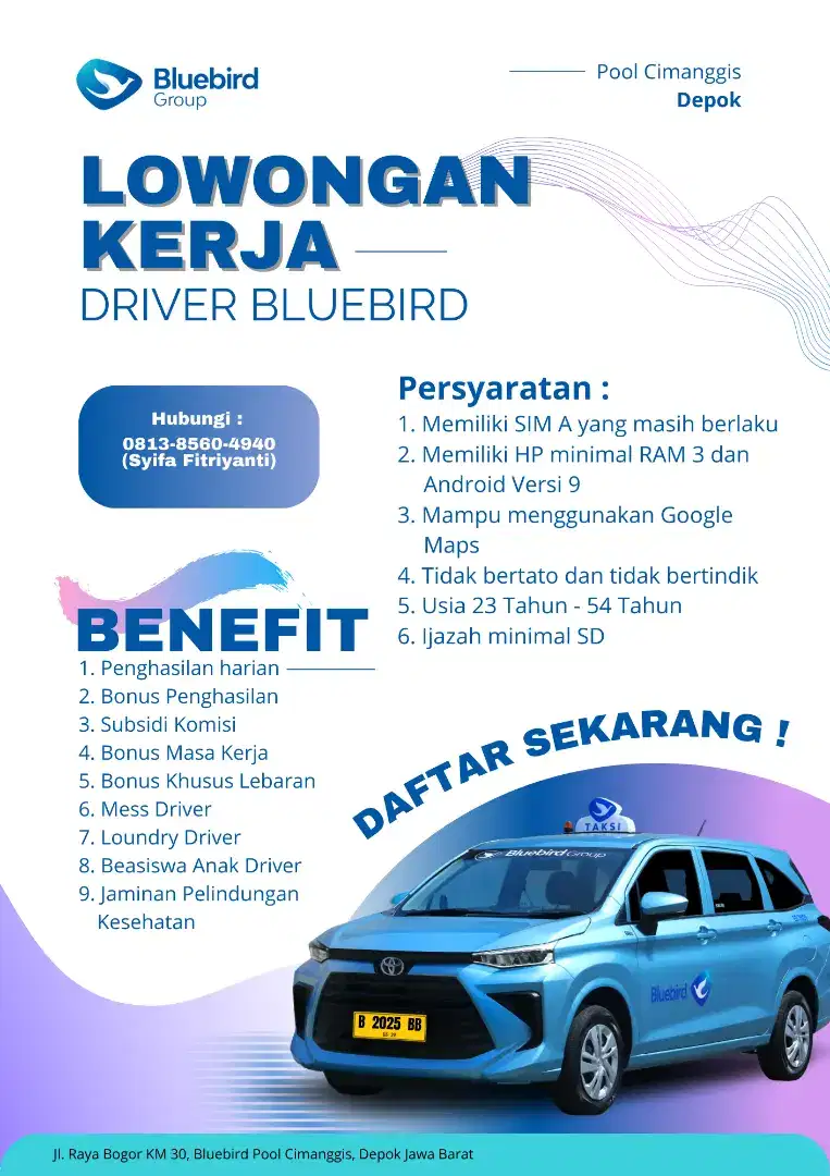 LOWONGAN KERJA UNTUK DRIVER TAXI BLUEBIRD POOL CIMANGGIS