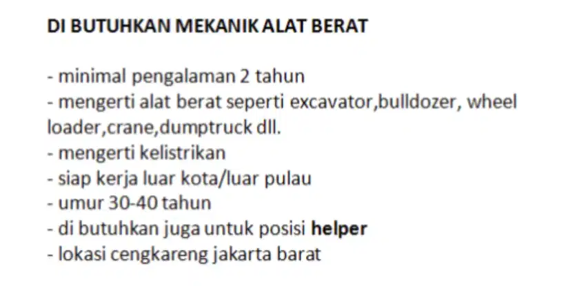 DI BUTUHKAN MEKANIK & HELPER ALAT BERAT