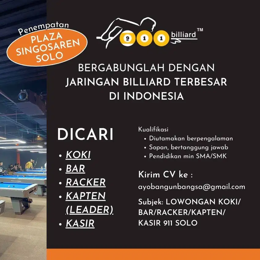 Lowongan KASIR/KAPTEN/KOKI/BAR/RACKER billiard cabang SOLO