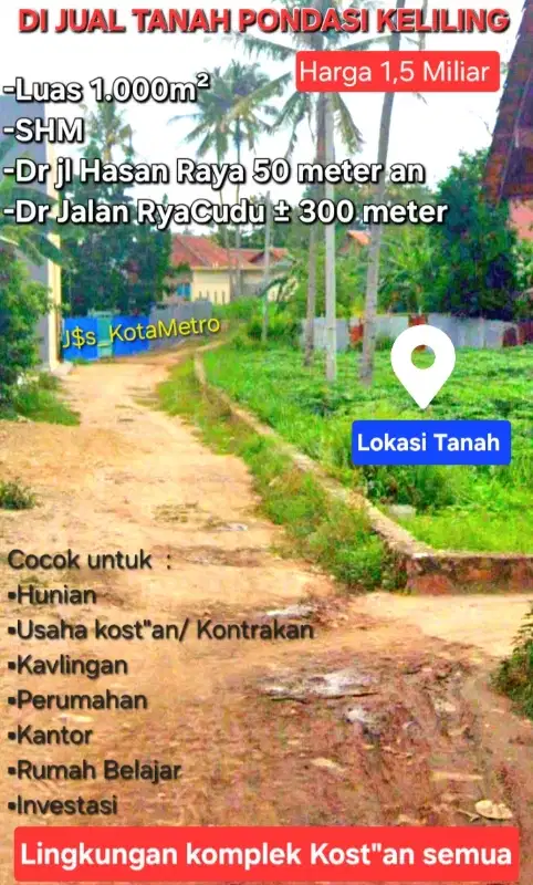 Tanah luas 1.000m² harga 1,5 M, 300 meter dr jl Ryacudu