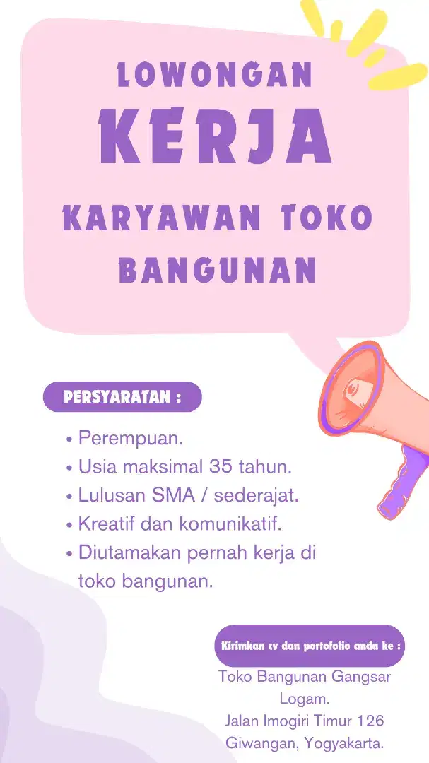 Dicari Karyawan Toko Bangunan