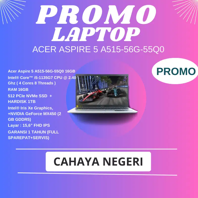 Promo Laptop Acer Aspire 5 A515-56G-55Q0 Intel I5 NVIDIA SSD512GB+HDD