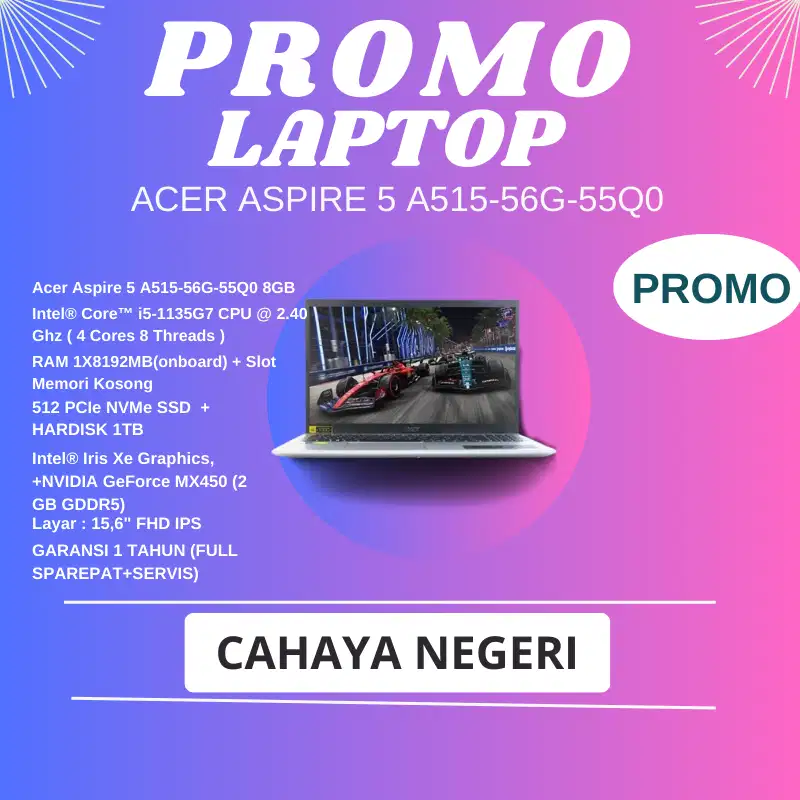 Promo Laptop Acer Aspire 5 A515-56G-55Q0 i5 NVIDIA SSD 512GB+HDD 1TB