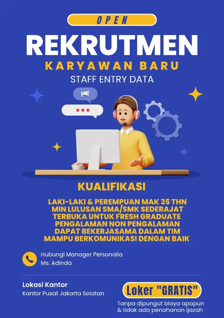 LOKER GRATIS PENEMPATAN KANTOR  PUSAT JAKSEL