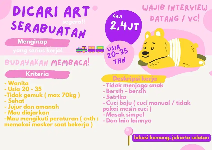 Dicari Segera Art Serabutan Menginap! ( Yang serius kerja )