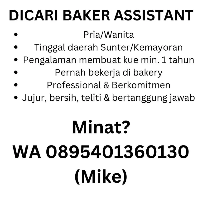 Dicari BAKER ASSISTANT