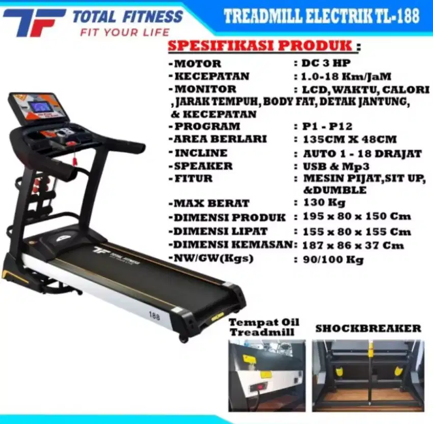 BIG ELECTRIC TREADMILL 3 HP + MASS TL-188