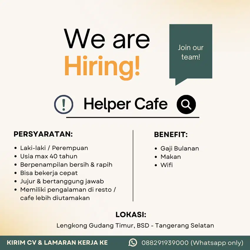 Lowongan Kerja Helper Cafe di BSD, Tangerang Selatan, Tangsel