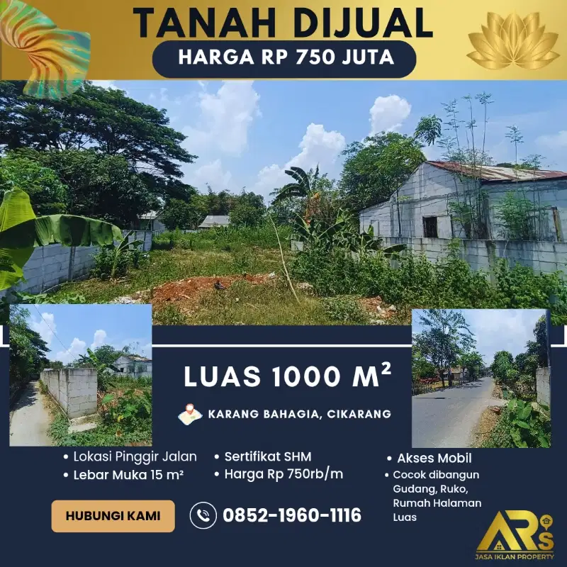 Dijual Tanah Luas 1000 m Harga 750 Juta saja SHM di Cikarang