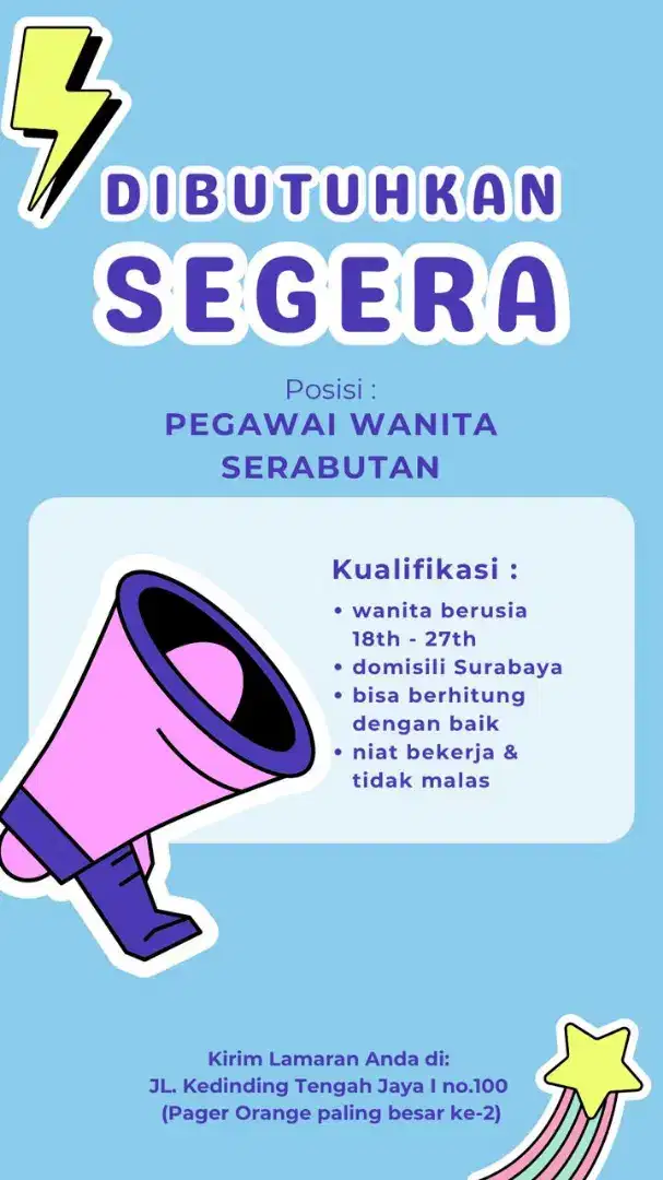 Dicari pegawai wanita serabuta