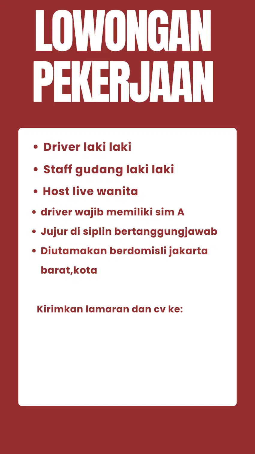 Lowongan kerja Driver,Host live,staf gudang