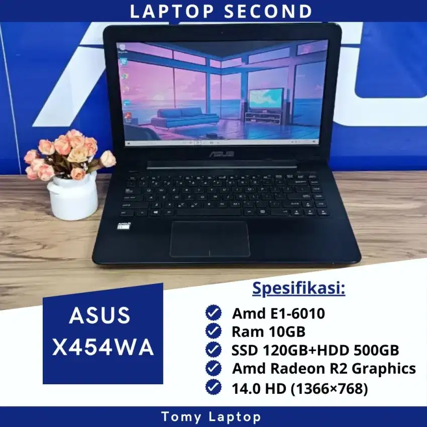 LAPTOP MURAH ASUS X454WA/AMD E1-6010/RAM 10GB/SSD 120GB+HDD 500GB