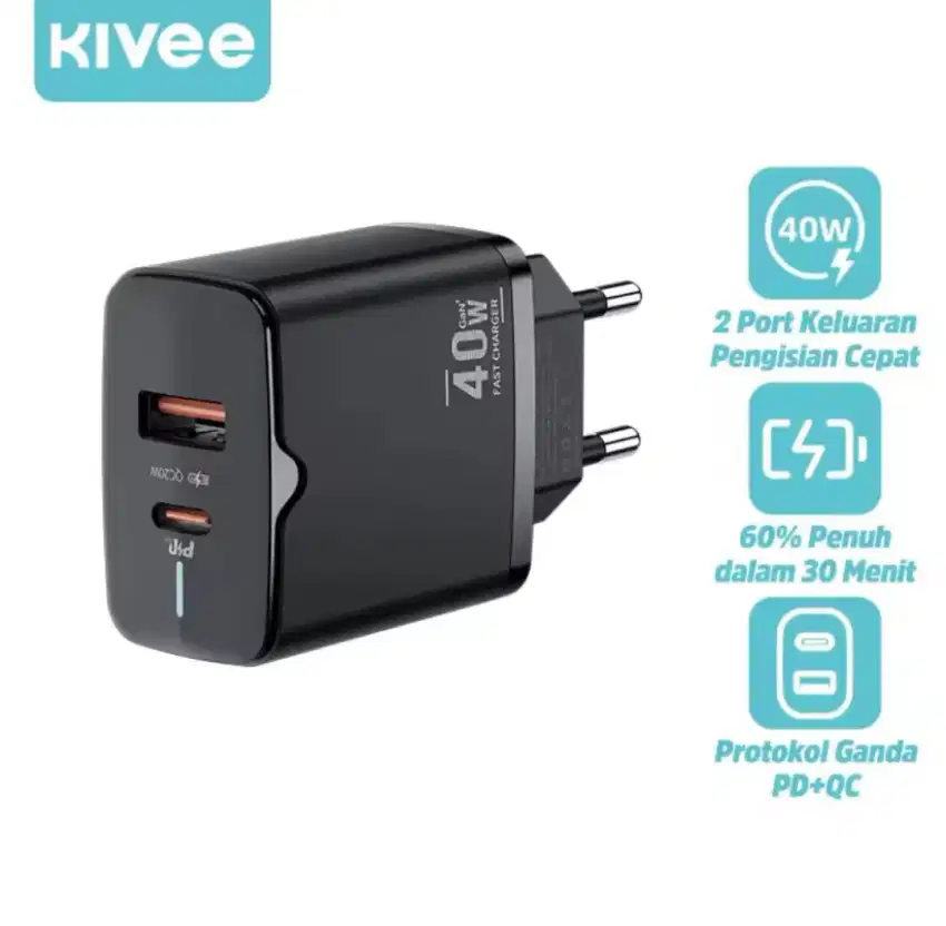 Kivee Basike Kepala Charger 2 Port 40Watt QC3.0 Fast Charging iPhone