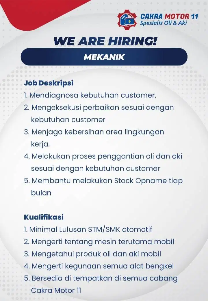 Lowongan Pekerjaan Mekanik