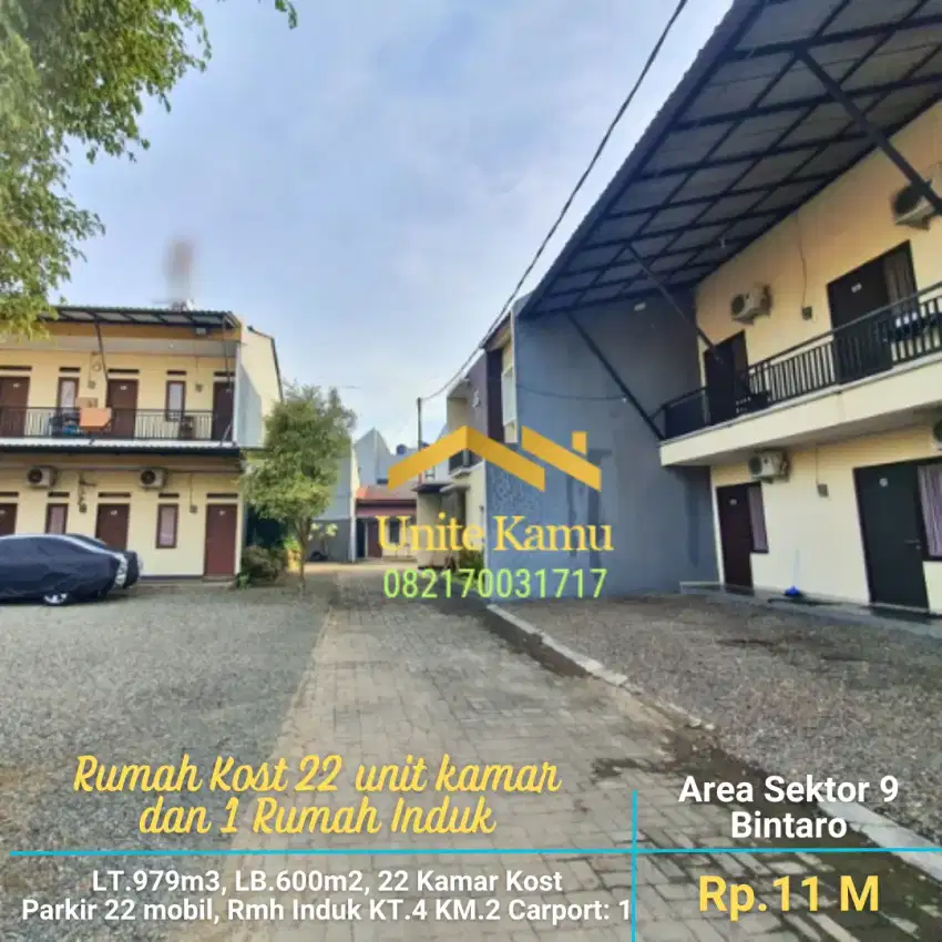 Rumah Kost 22 kamar + 1 rumah induk, LT.979m2. Area Sektor 9 Bintaro