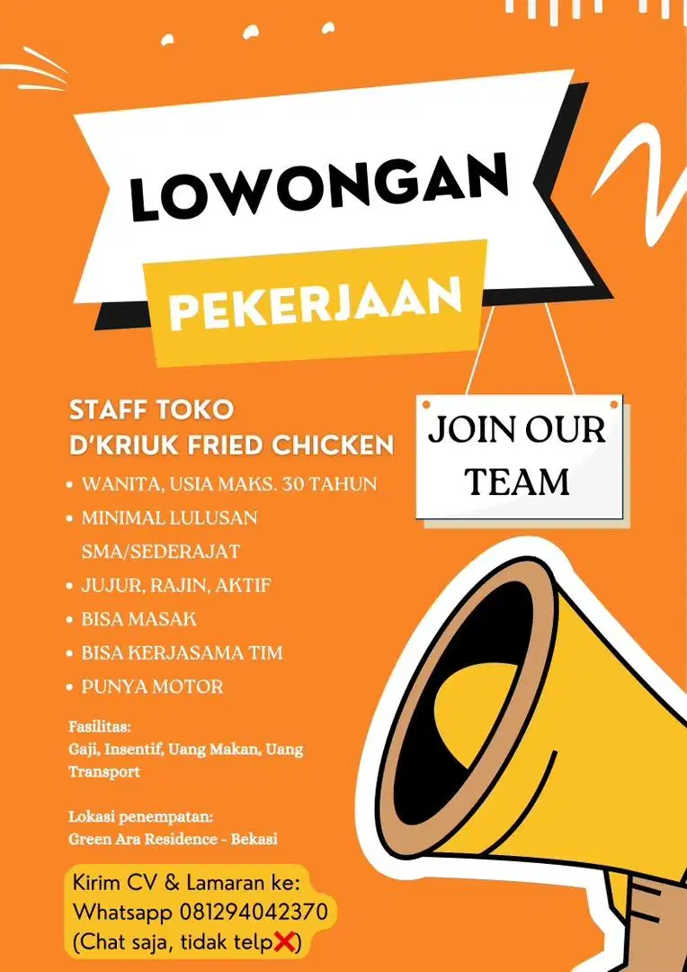 Lowongan Pekerjaan Staff Toko Dkriuk Fried Chicken