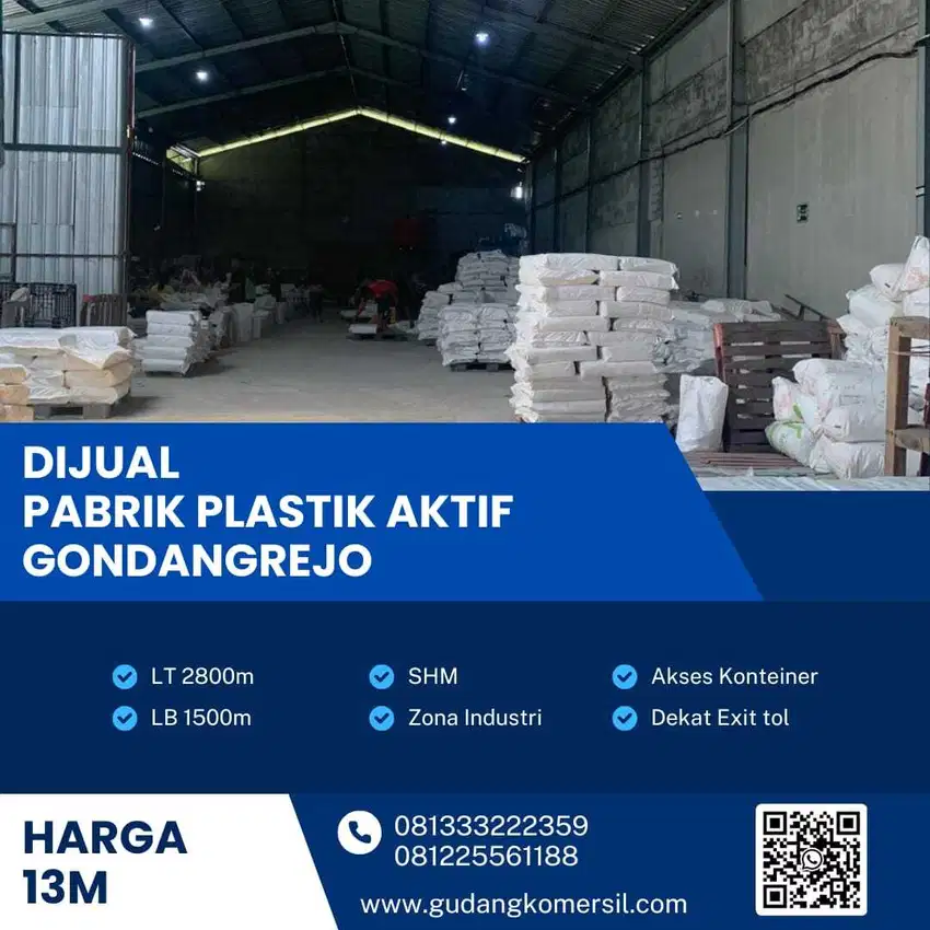 Dijual Pabrik Plastik Aktif ,Lokasi Gondangrejo,Karanganyar 2800m2 BU