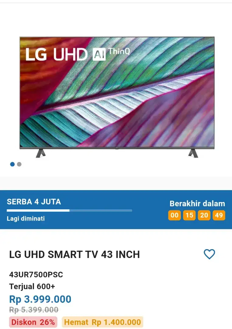 PROMO FLASH SALE SMART TV UHD 4K AI LG 43UR7500PS