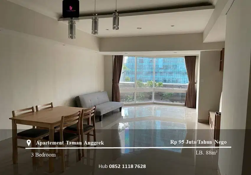 Disewakan Apartement Taman Anggrek Low Floor 2BR+1 Semi Furnished