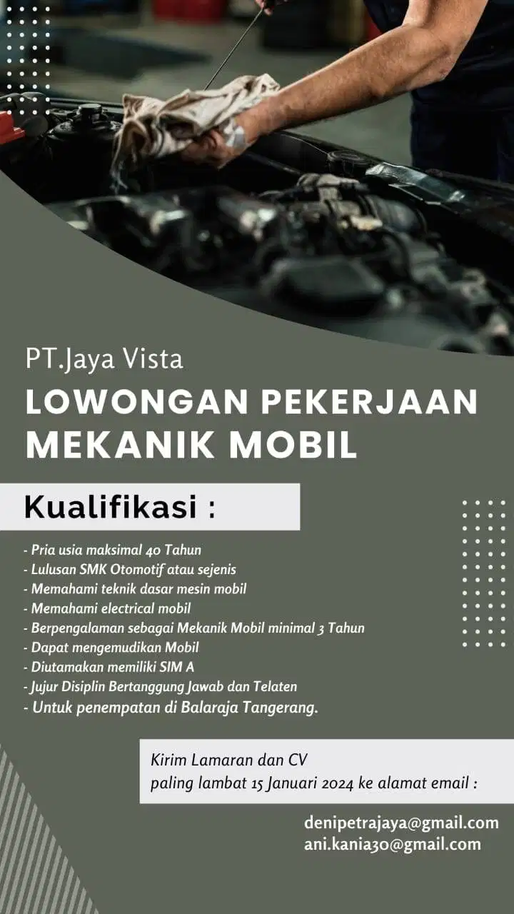 LOWONGAN PEKERJAAN MEKANIK MOBIL