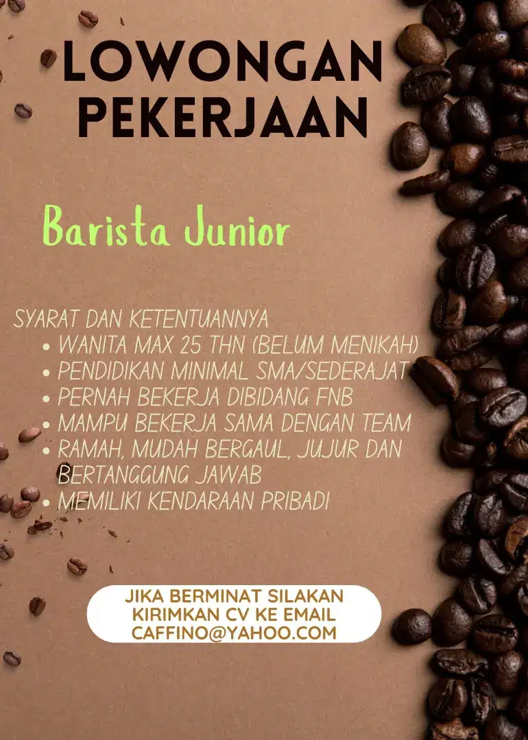 Dibutuhkan barista junior