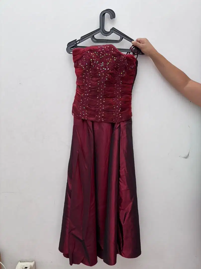 Long Party Dress Maroon | Dress Pesta Panjang Maroon Model Kemben