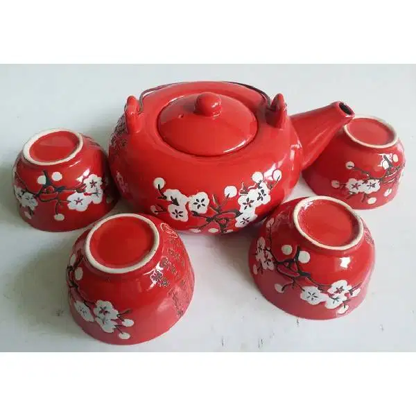 Vintage set teko Japanse services + 4 cangkir motif sakura dan puisi t