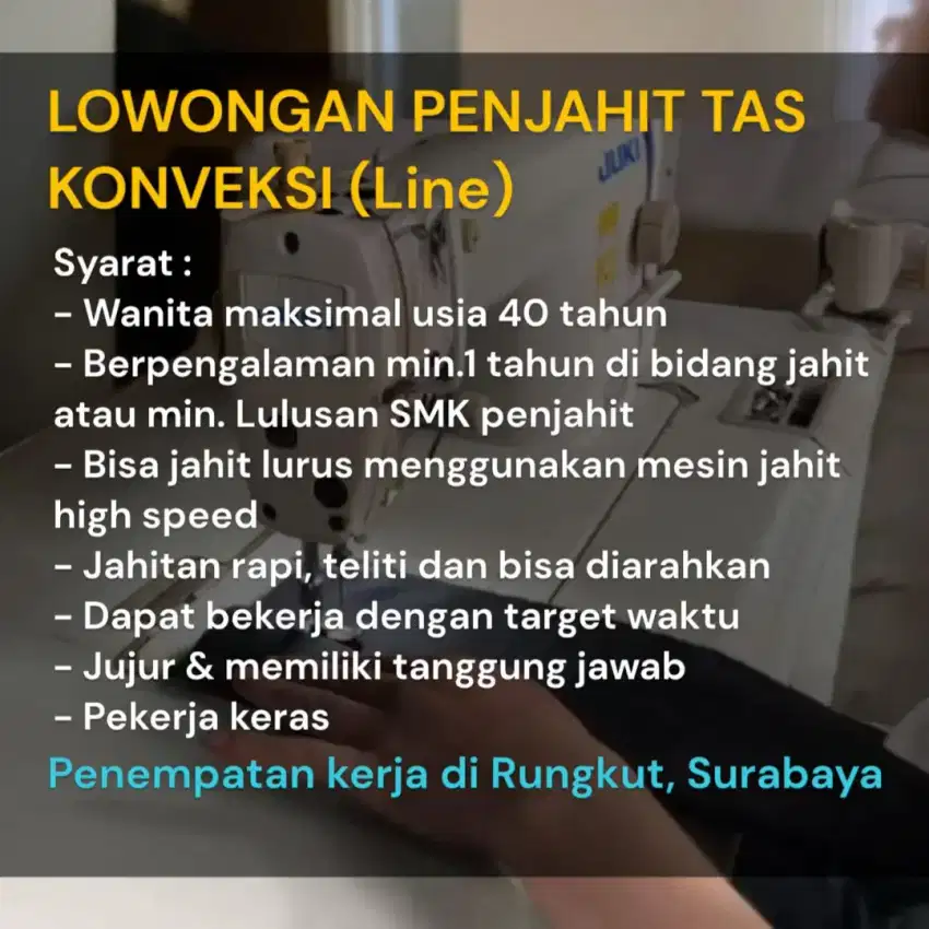 Dibutuhkan Penjahit Wanita Tas Line / Konveksi