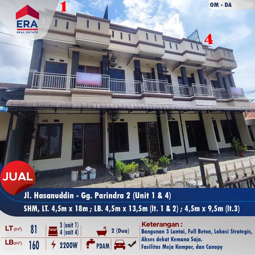 Dijual 2 Unit Rumah 3 Lantai Jl. Hasanuddin