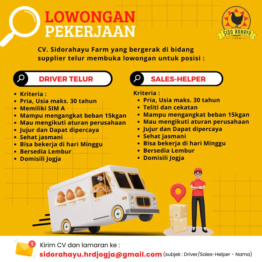 Lowongan Driver, Sales/Helper Telur