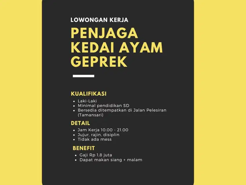 Lowongan Penjaga Kedai Ayam Geprek