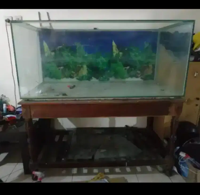 Aquarium Ikan Hias & Kaki Kayu Jati