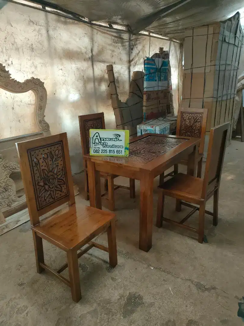 Meja makan minimalis set kaca full kayu jati