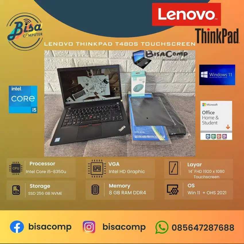 Lenovo Thinkpad T480s Core i5 SSD 256gb Ram 8gb 14incFHD Touchscreen