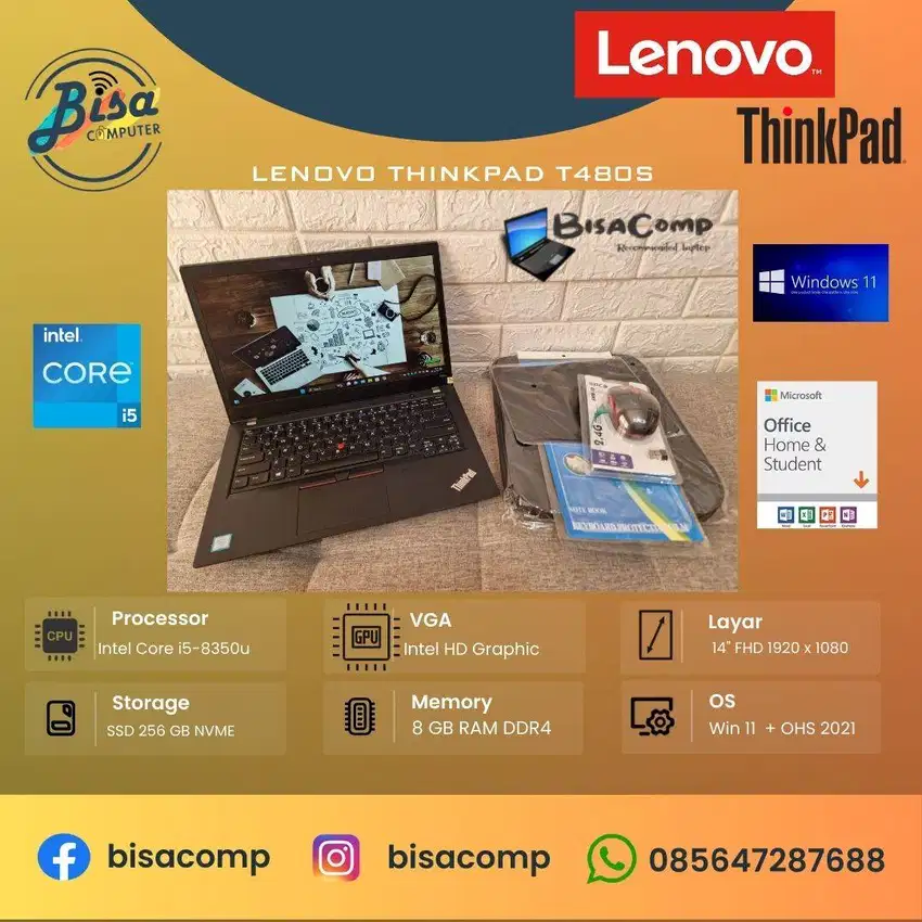 Lenovo Thinkpad T480s Core i5 SSD 256gb Ram 8gb 14inFHD Backlit FP