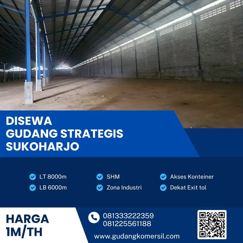 Disewakan Gudang Zona Industri Luas 8000m2 Lokasi Grogol,Sukoharjo Bu!